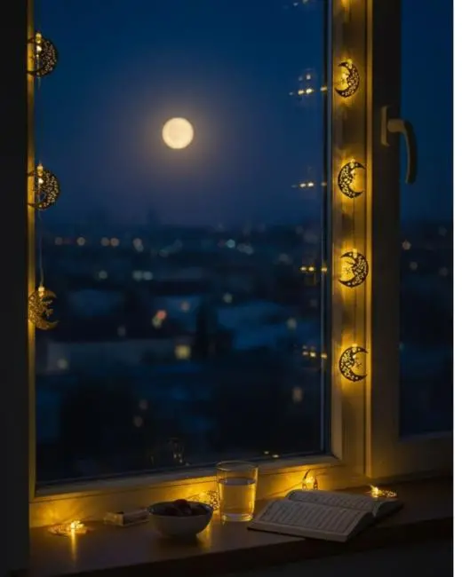 Pilli Minareli Hilal LED Işık Gold Metal Ramazan Dekorasyonu