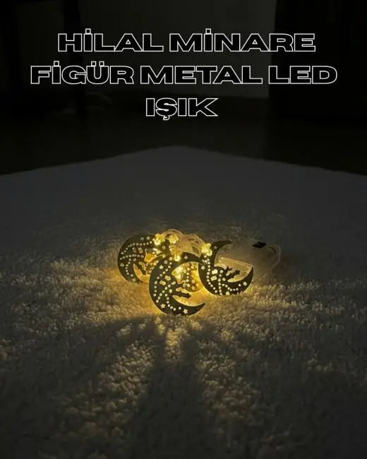 Gold Renk Metal Minareli Hilal LED Işık Pilli Ramazan Süsü