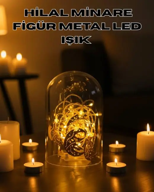 Ramazan Minare Detaylı Hilal LED Işık Günışığı Sarı Metal Süs
