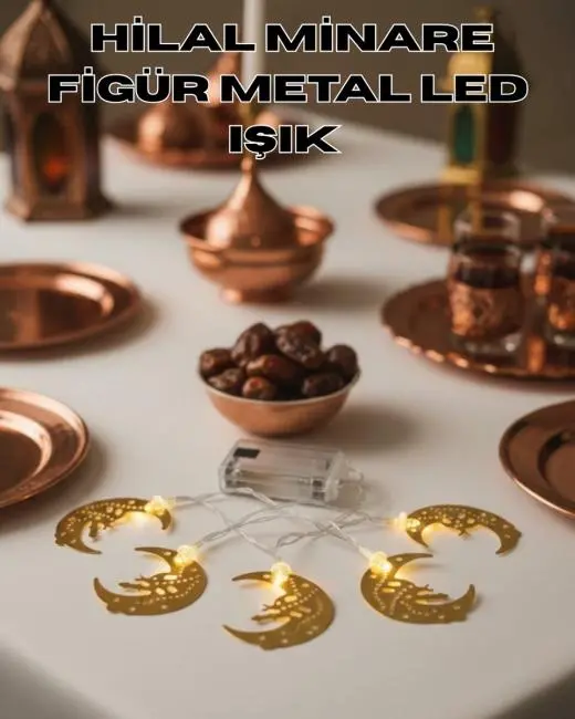 Minareli Hilal LED Işık Gold Metal Gövdeli Pilli Ramazan Dekoru