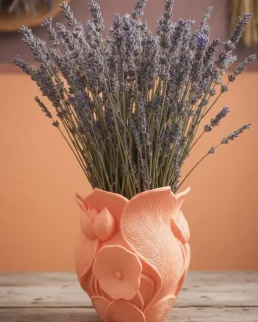 Turuncu Çiçek Desenli 3D Dekoratif Vazo Modern Masaüstü Aksesuar