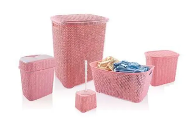 5 Parça Örgü Desenli Plastik Banyo Seti Çamaşır Sepeti Deterjanlık Klik Çöp Kovası Klozet Fırçası