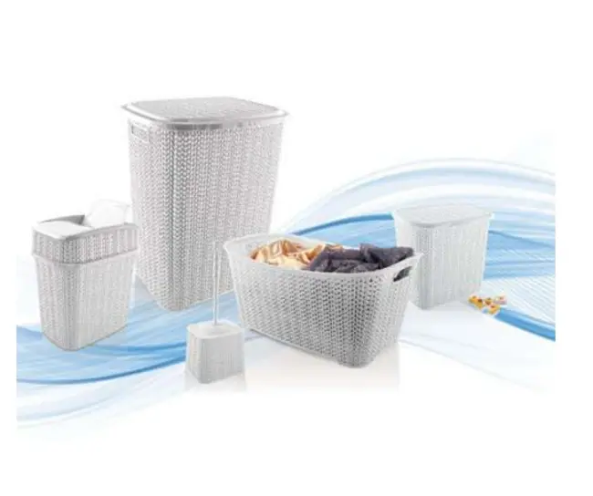 5 Parça Örgü Desenli Plastik Banyo Seti Çamaşır Sepeti Deterjanlık Çöp Kovası Klozet Fırçası - Gri