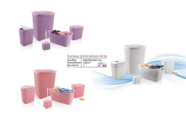 5 Parça Örgü Desenli Plastik Banyo Seti Çamaşır Sepeti Deterjanlık Çöp Kovası Klozet Fırçası - Gri