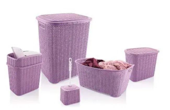 5 Parça Örgü Desenli Plastik Banyo Seti Çamaşır Sepeti Deterjanlık Çöp Kovası Klozet Fırçası - Mor