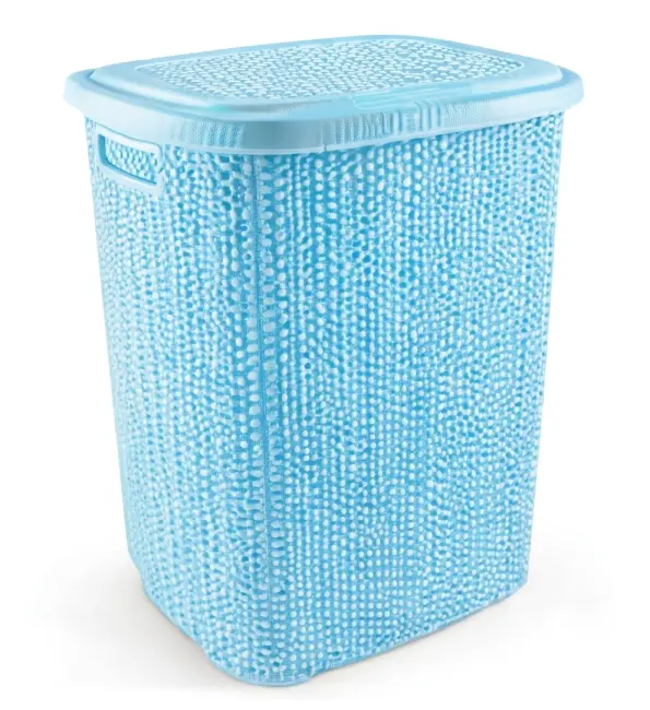Kirli Çamaşır Sepeti Kapaklı 65 Lt Örgü Desenli Plastik Çamaşır Sepeti Banyo Sepeti - Mavi