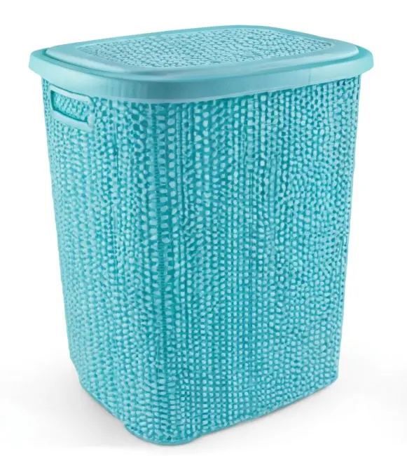 Kirli Çamaşır Sepeti Kapaklı 65 Lt Örgü Desenli Plastik Çamaşır Sepeti Banyo Sepeti - Turkuaz