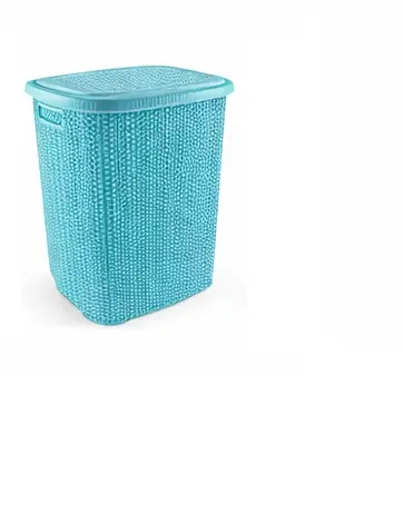 Kirli Çamaşır Sepeti Kapaklı 65 Lt Örgü Desenli Plastik Çamaşır Sepeti Banyo Sepeti - Turkuaz