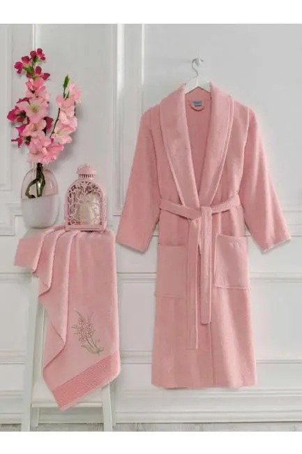 Kadın Havlulu Banyo Bornoz Takımı Pamuklu Pembe