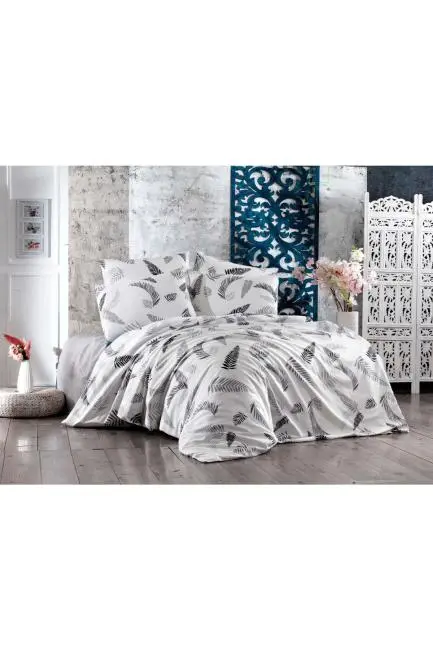 Çift Kişilik Lastikli Çarşaflı Pamuklu Nevresim Takımı Gray Leaf