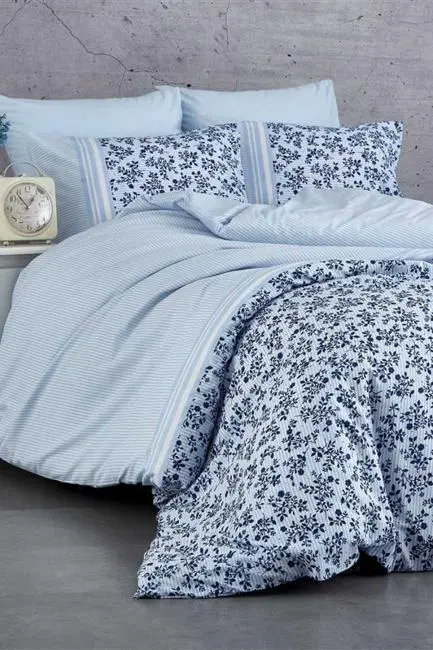 Çift Kişilik Nevresim Takımı Pamuklu Mavi Düş Çiçekleri