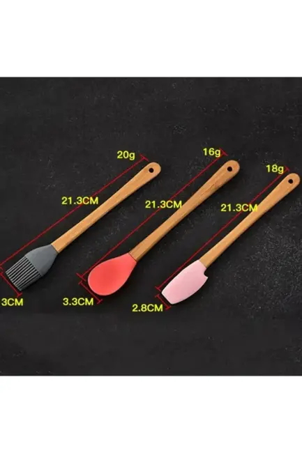 5&amp;#39;li Renkli Ahşap Saplı Silikon Uçlu Spatula Fırçalı Kaşık Seti -yemek Hazırlık Seti 21 Cm