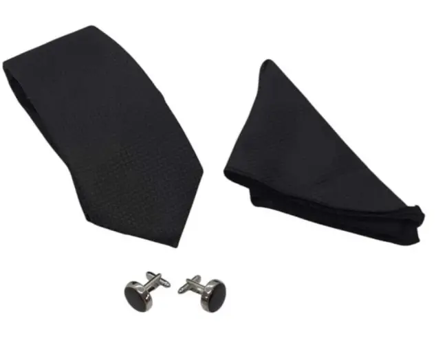 Kravat Düğme Set Siyah Desenli Kravat Mendil Kol Düğmesi Özel Set
