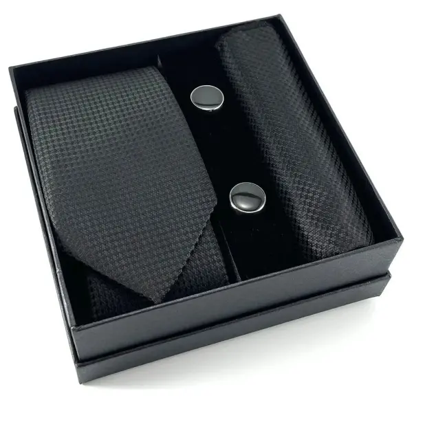 Kravat Düğme Set Siyah Desenli Kravat Mendil Kol Düğmesi Özel Set