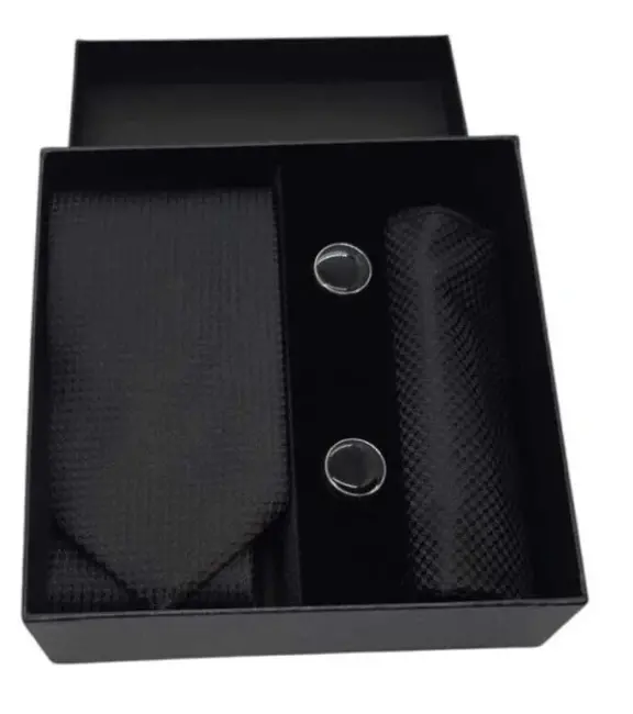 Kravat Düğme Set Siyah Desenli Kravat Mendil Kol Düğmesi Özel Set