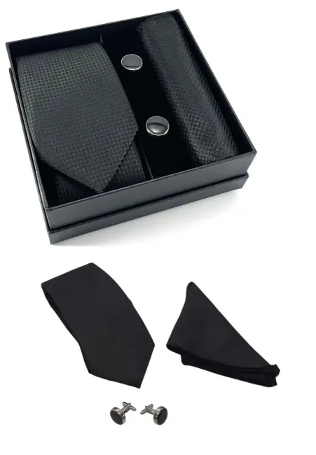 Kravat Düğme Set Siyah Desenli Kravat Mendil Kol Düğmesi Özel Set