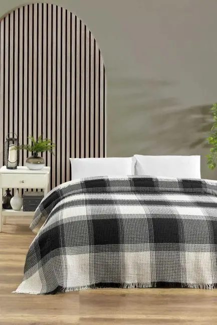 Çift Kişilik Yatak Pikesi Ekose Siyah 200 x 230 Cm