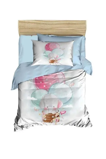 Dijital Baskılı 3d Pamuklu Yenidoğan Bebek Nevresim Takımı Elephant Baloon Blue