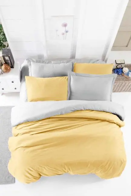 Çift Kişilik Lastikli Çarşaflı Nevresim Takımı Pamuklu Four Season Hardal Gri