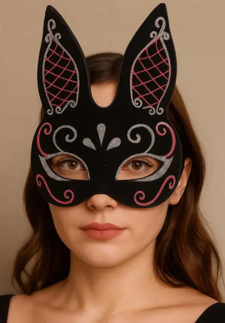 Siyah Renk Kırmızı Beyaz Simli Siyah Süet Kaplama Tavşan Maskesi 18x16 Cm