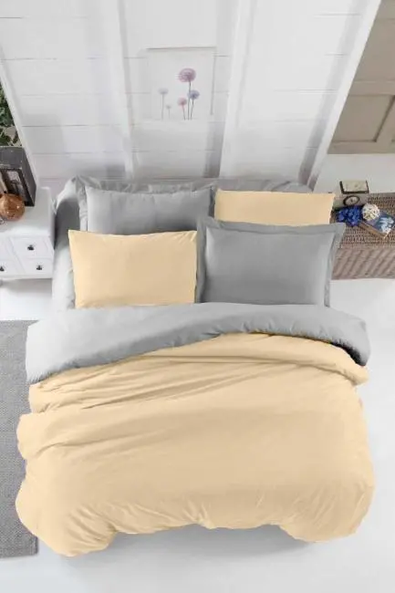 Çift Kişilik Lastikli Çarşaflı Nevresim Takımı Pamuklu Four Season Bej Gri