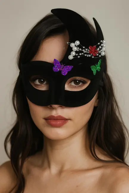 Siyah Renk İncili Taşlı Süet Kaplama Venedik Parti Maskesi 20x22 Cm