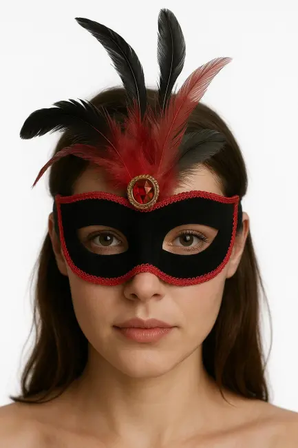 Kırmızı Dantelli Siyah Kırmızı Tüylü Siyah Süet Kaplama Parti Maskesi 17x25 Cm