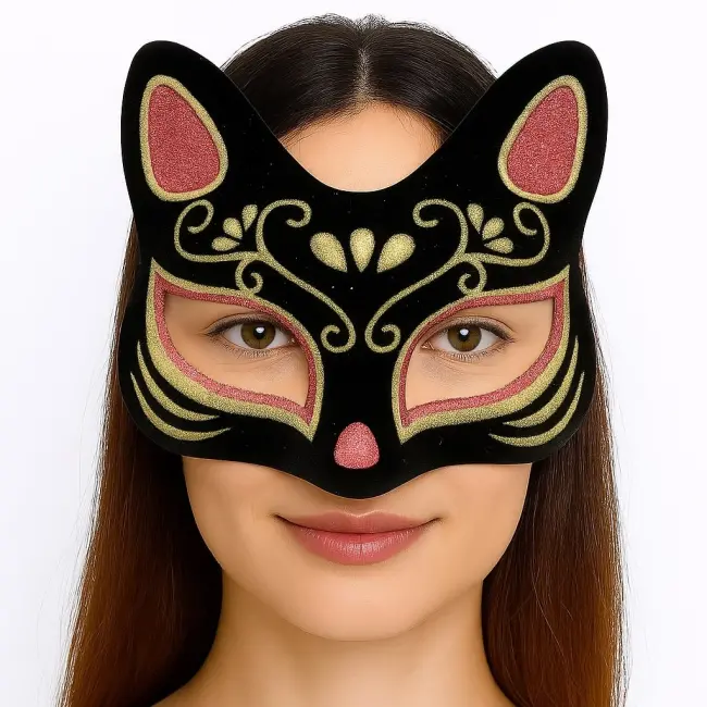 Siyah Renk Süet Kaplama Üzeri Kırmızı Sarı Simli Kedi Maskesi 17x14 Cm