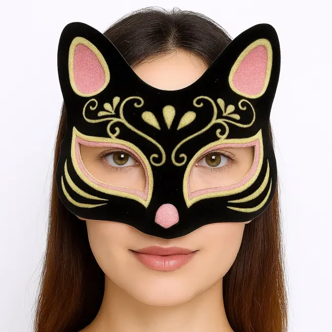 Siyah Renk Süet Kaplama Üzeri Pembe Sarı Simli Kedi Maskesi 17x14 Cm