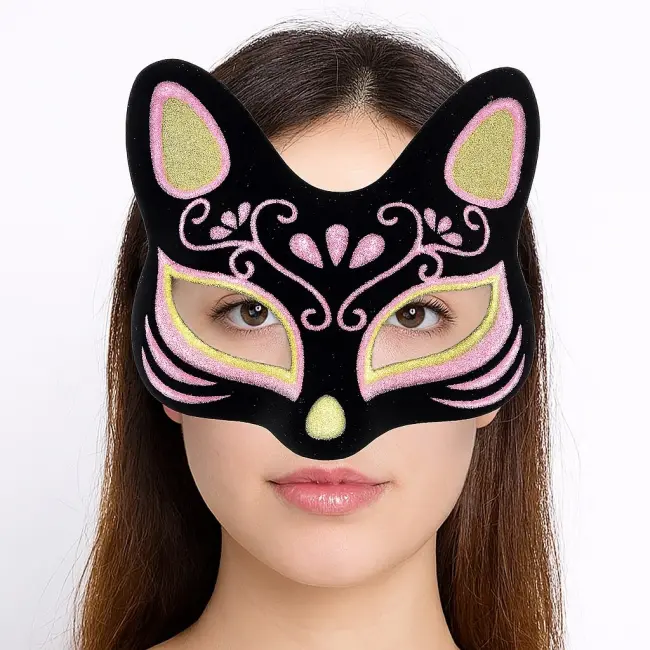 Siyah Renk Süet Kaplama Üzeri Sarı Pembe Simli Kedi Maskesi 17x14 Cm