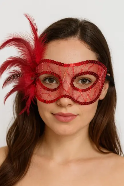 Kırmızı Renk Yandan Tüylü Pul Payet İşlemeli Parti Maskesi 23x12 Cm