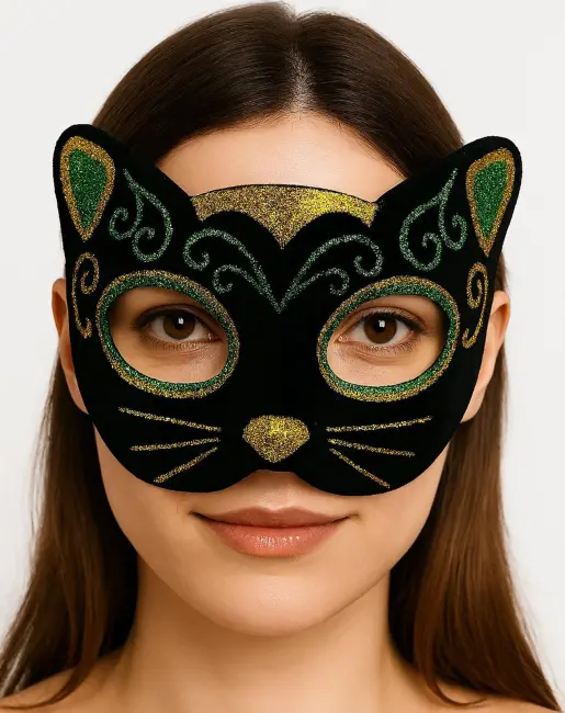 Siyah Kadife Kaplama Üzeri Sarı Yeşil Sim İşlemeli Kedi Maskesi 20x13 Cm