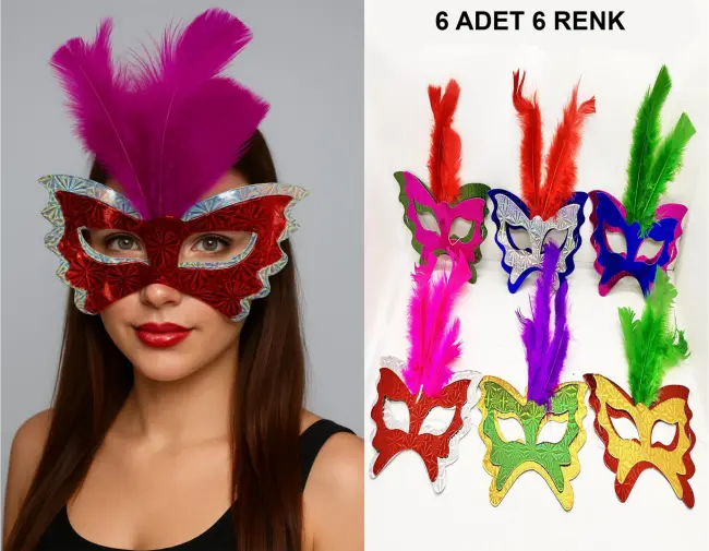 Renkli Parti Maskesi 6&amp;#39;lı | Tüylü Karton Maske Seti (lastikli)