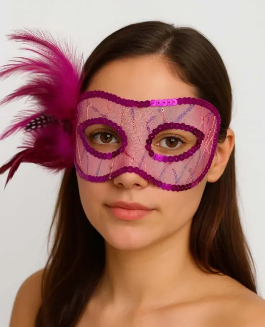 Fuşya Renk Yandan Tüylü Pul Payet İşlemeli Parti Maskesi 23x12 Cm