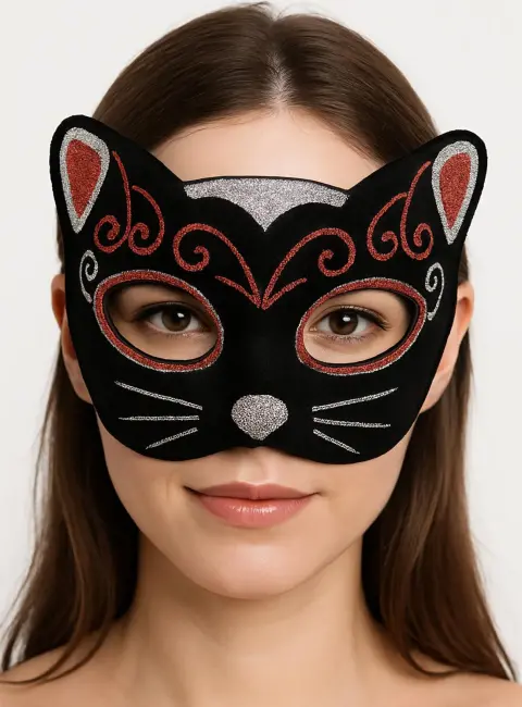 Kadife Dokulu Sim Detaylı Işıltılı Kedi Maskesi Kırmızı Gümüş 20x13 Cm