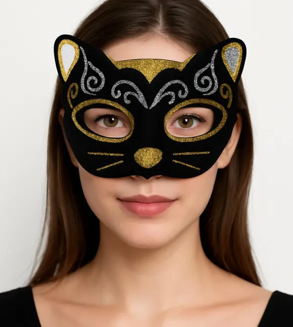 Kadife Dokulu Sim Detaylı Işıltılı Kedi Maskesi Altın Gümüş 20x13 Cm