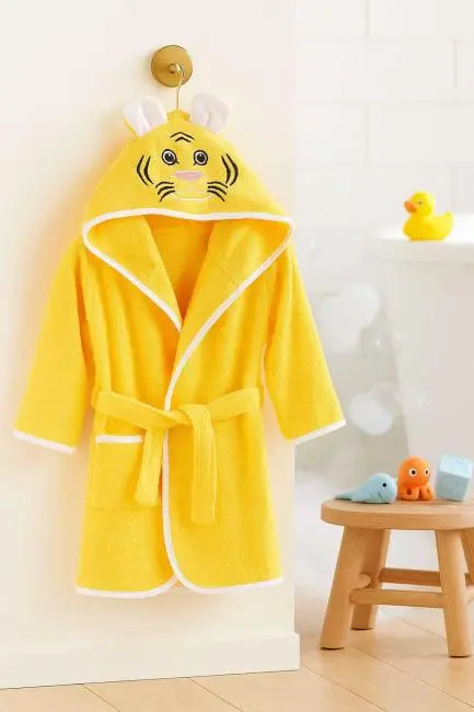 Kapşonlu Unisex %100 Pamuklu Çocuk Banyo Bornozu Tiger