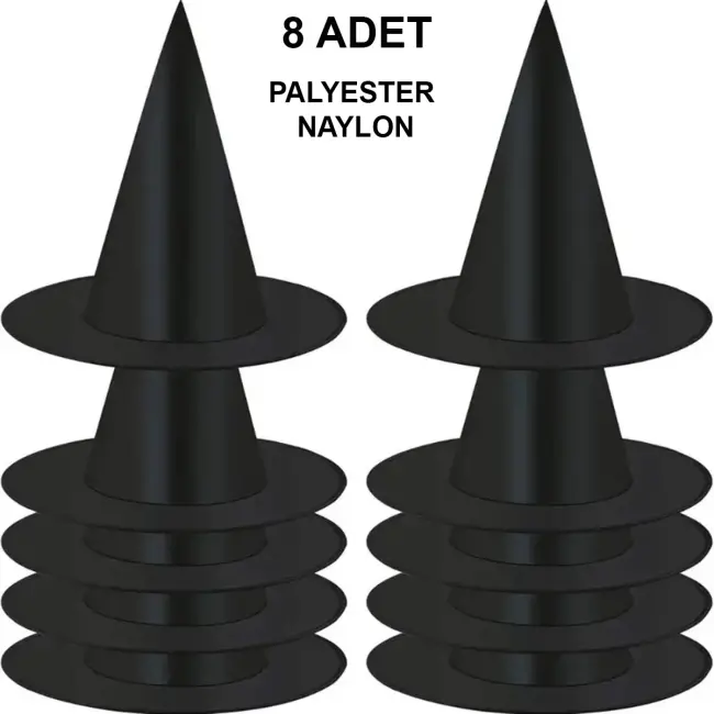 8 Adet Siyah Cadı Şapkası – Yetişkin &amp; Çocuk Kostüm Aksesuarı