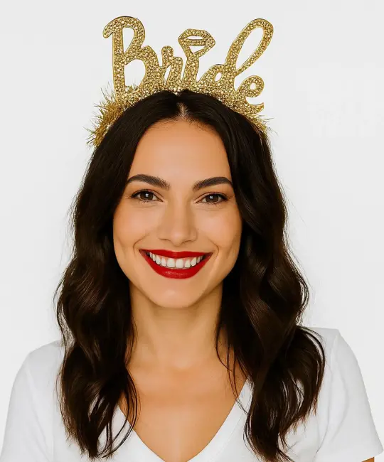 Altın Renk Bekarlığa Veda İtalik Yazı Alyanslı Bride Taç