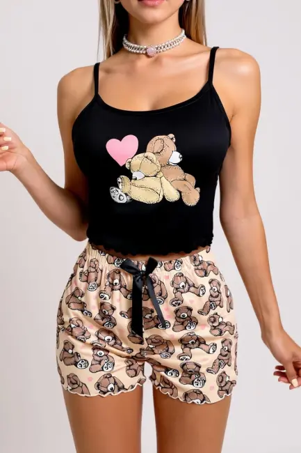 Renkli Ayıcık Desenli Askılı Şortlu Kadın Pijama Takımı