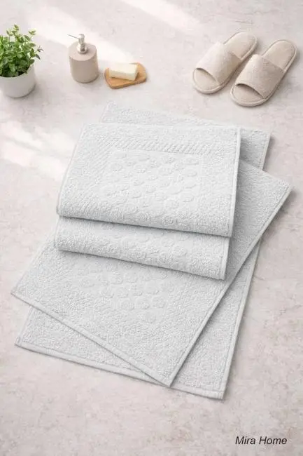 3lü Pamuklu Ayak Havlusu Seti Kabartma Desenli 50x70 Cm Açık Gri