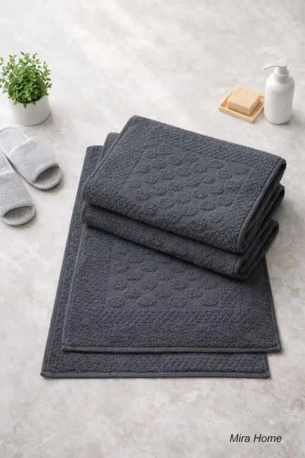 3lü Pamuklu Ayak Havlusu Seti Kabartma Desenli 50x70 Cm Antrasit