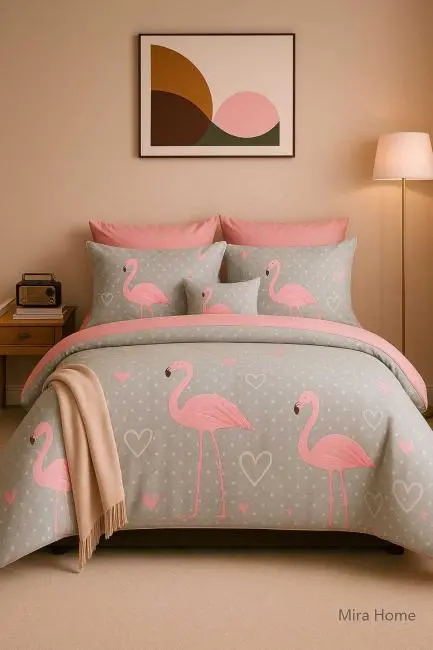 Çift Kişilik Pamuklu Nevresim Takımı Flamingo Love