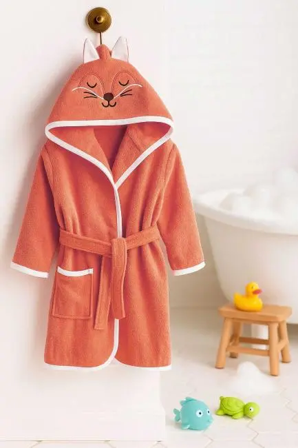Kapşonlu Unisex %100 Pamuklu Çocuk Banyo Bornozu Fox