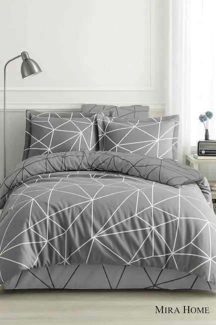 Çift Kişilik Pamuklu Nevresim Takımı Geo Line Gri