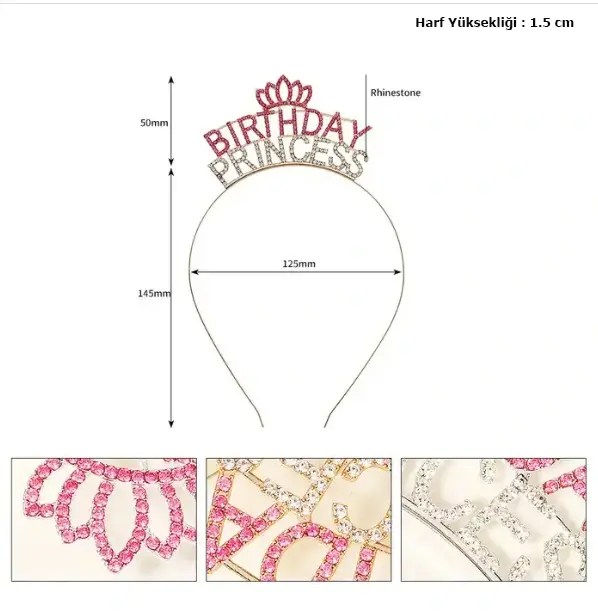 Kristal Taşlı Pembe Birthday Princess Yazılı Parti Tacı 19x11 Cm