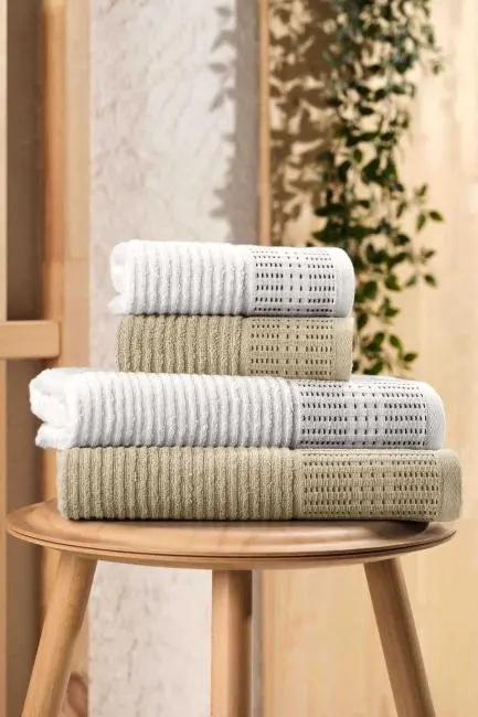 4 Parça Büyük Boy Banyo Havlu Takımı %100 Pamuklu Marena Bej Krem