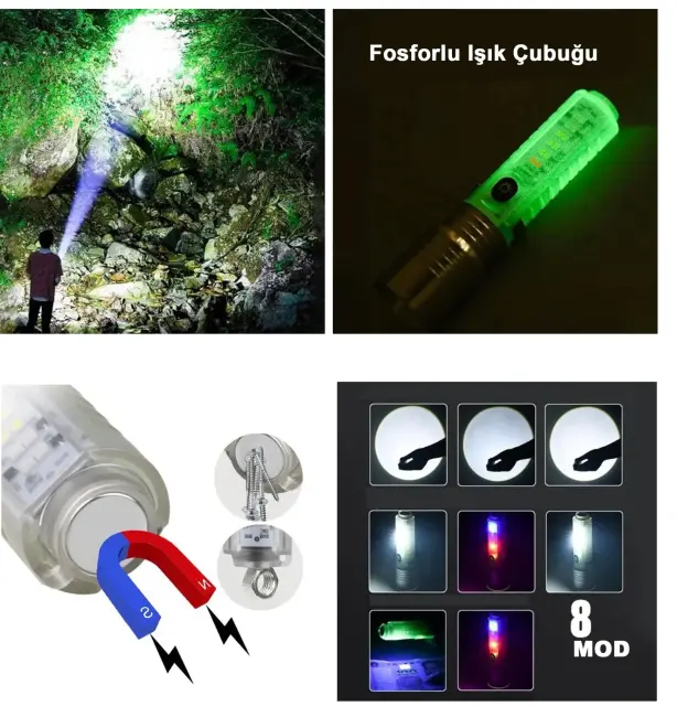 El Feneri 8 Mod Şarjlı Fosforlu Mıknatıslı Led El Feneri