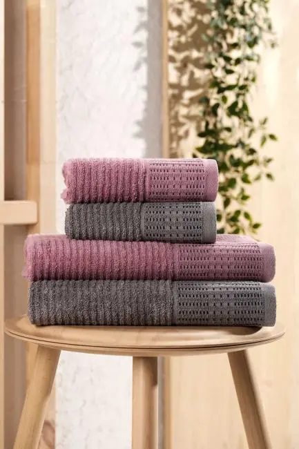 4 Parça Büyük Boy Banyo Havlu Takımı %100 Pamuklu Marena Antrasit Mürdüm