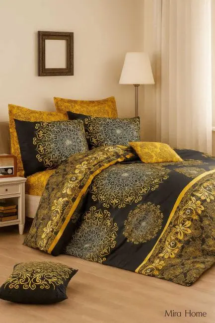 Çift Kişilik Pamuklu Nevresim Takımı Varaklı Desenli